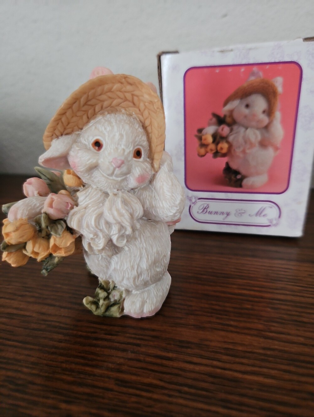 WBI, Inc. "Bunny & Me" White Bunny Figurine with Straw Hat and Tulips
